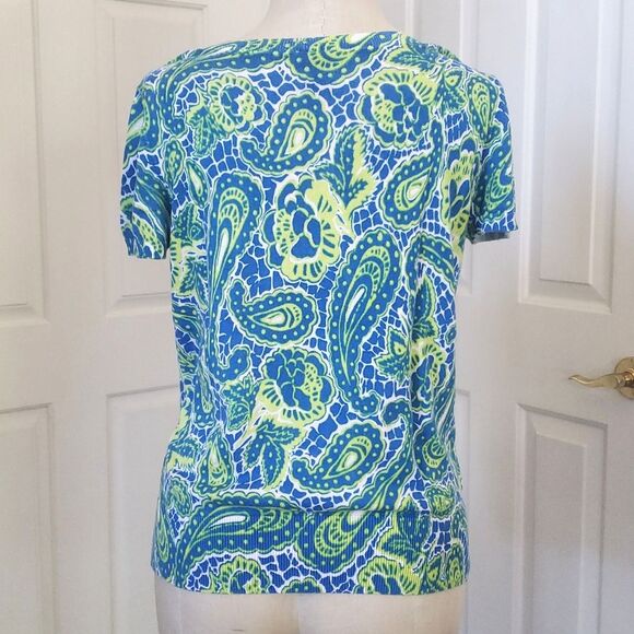 ANN TAYLOR Crew Neck Cardigan Sweater Short Sleeve Blue Green Yellow Pai… - Picture 2 of 12